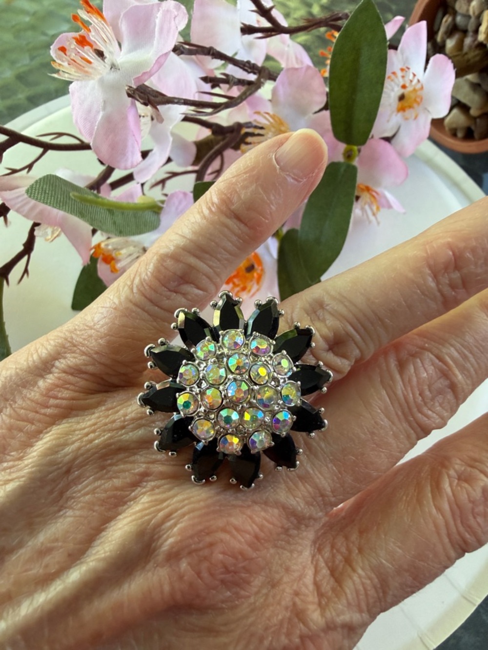 🐼 Crystal Cluster Flower Statement Ring - Black & Aurora Borealis